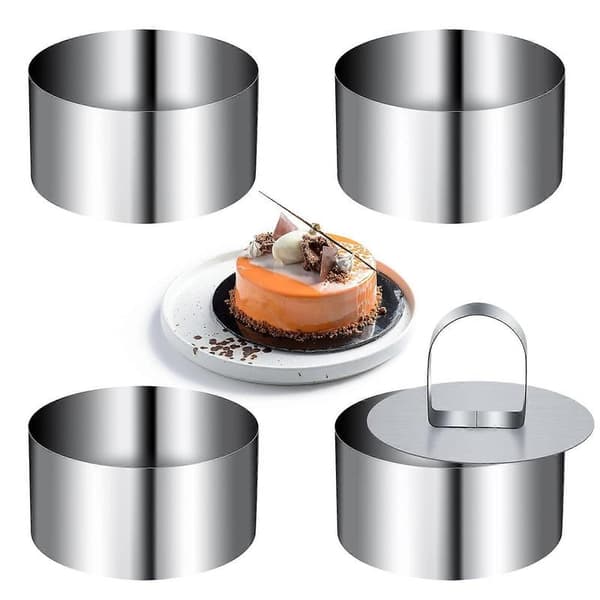 4 stk Mini Kageforme i Rustfrit Stål Runde Mousse Ring Sæt 8cm Diameter med Presseløfter Tykkere Bageværktøj-FD-