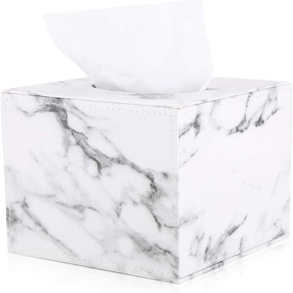 Marmor Tissue Box Holder - Firkantet terning læder Tissue Box Holder (Hvid Marmor)