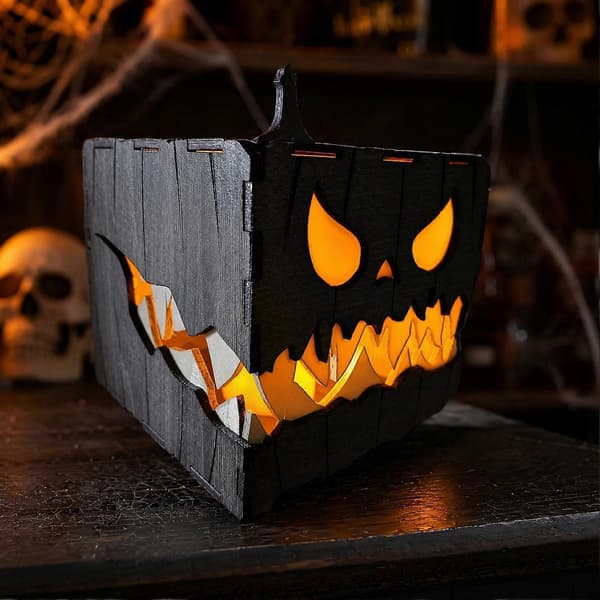 Telysholder i tre formet som gresskar – Jack-o'-lantern-eske til Halloween-dekorasjon Grey