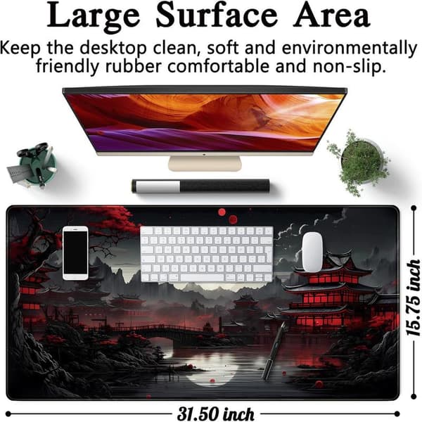 Japansk Skrivebordsmåtte Fuldmåne Skriveunderlag Sort Rød 80 x 40 cm Musemåtte Gaming Musemåtte Forlænget Tastaturmåtte Laptop Com
