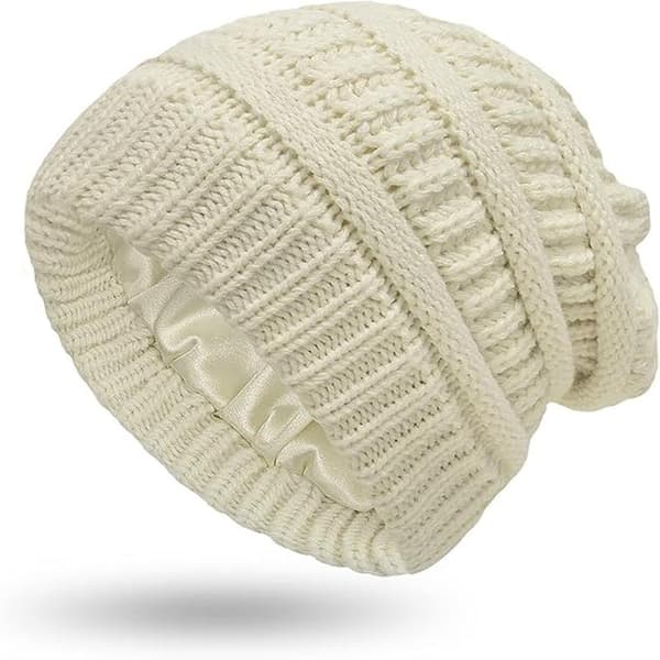 Varm stickad vintermössa med satin-foder, kabelstickad beanie, tjock slouchy skull cap för damer