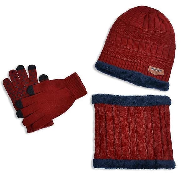 Varm vintermössa för barn, halsduk, handskar set med plyschfoder för åldrarna 4-10 - halkfri design Wine red