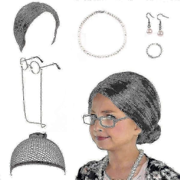 Halloween-mummoasusetti – 7-osainen vanhan rouvan pukeutumispakkaus aikuisille ja lapsille Dark Silver Afro