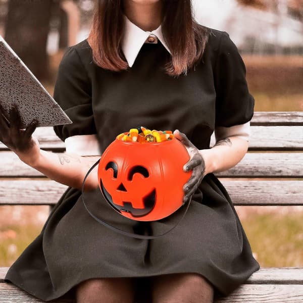 17 cm bærbar Halloween-gresskarbøtte for barn, godteribøtte til knask eller knep