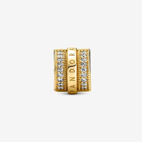 Pandora - Glitrende Pavé Linjer & Logo Clip Charm - 14k gullforgylling