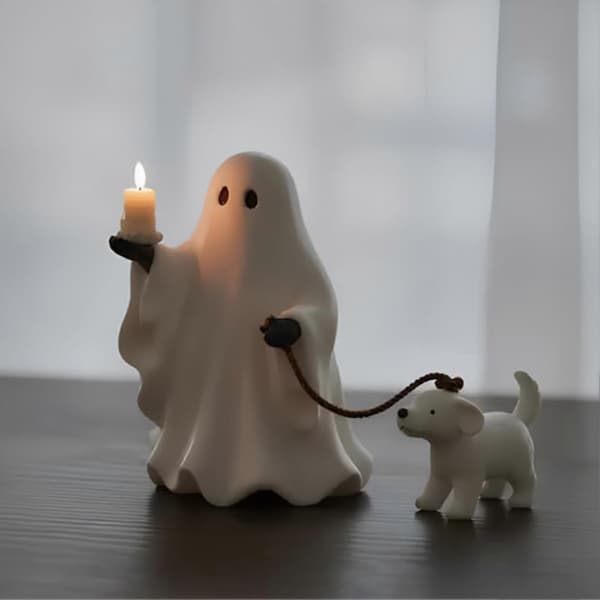 Hvit spøkelseshund lysestake-figur for Halloween-dekorasjon på hylle og skrivebord S