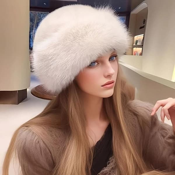 Blød og fluffy bucket hat i imiteret pels – Dame oversized varm vinterhat (Hvid - 1 hat) off-white
