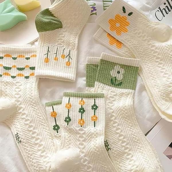 5 par dame ankelstrømper søde afslappede åndbare kabelstrik blomstrede vintage crew strømper