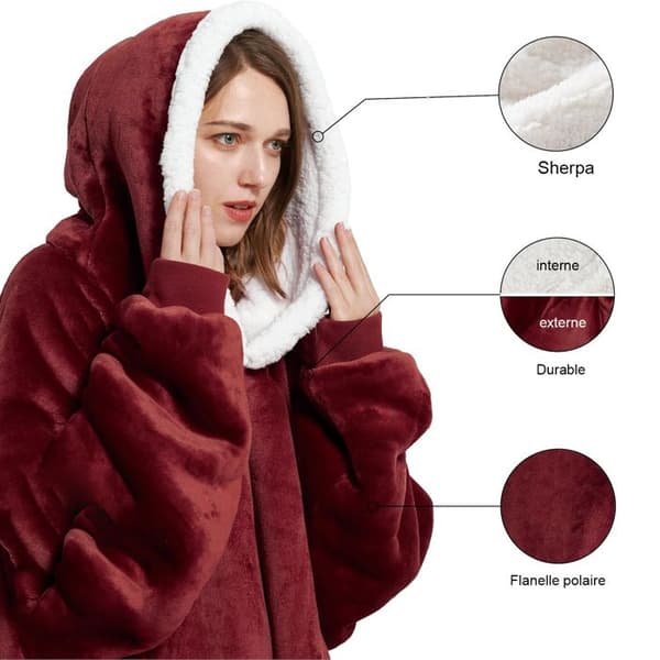 Hætteklæde til voksne, 118x80 cm, Fleece Pullover Tæppe til sofa, med ærmer, til kvinder og mænd, med TV-lomme, Vinter, Rød