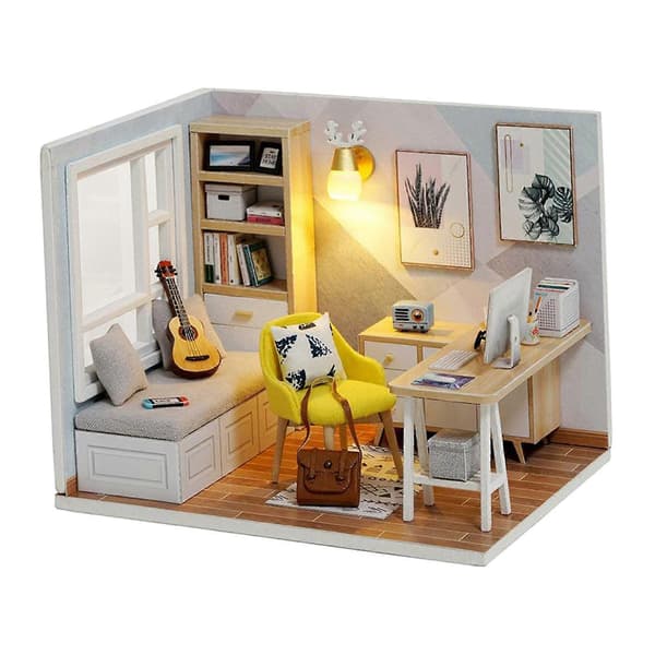 1:32 DIY Træ Miniature Dukkehus Sæt Solskins Studieværelse Håndværk A
