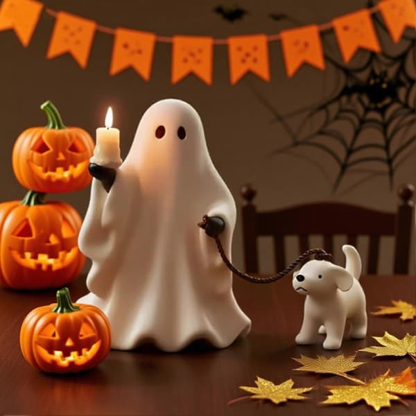 Hvit spøkelseshund lysestake-figur for Halloween-dekorasjon på hylle og skrivebord S