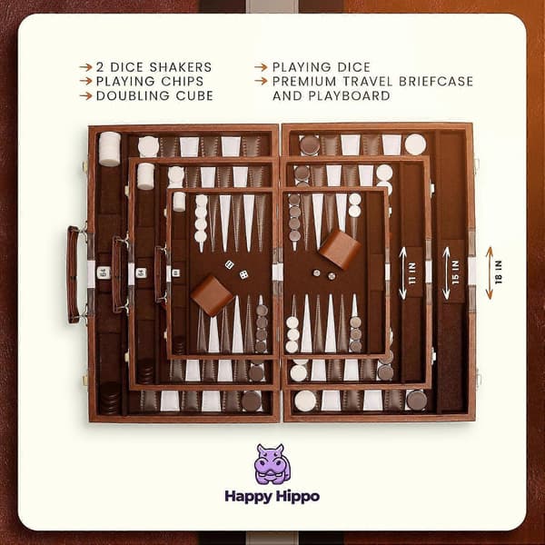 Backgammon brætspil, Deluxe læderlignende etui, filtinteriør, brun, klassisk