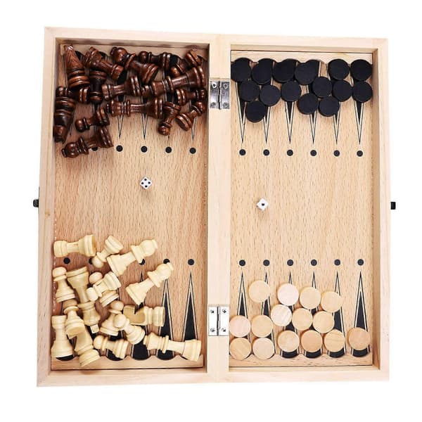 2X 3 i 1 Trä Internationellt Schackset Brädspel Resespel Schack Backgammon Dam Underhållning Brown