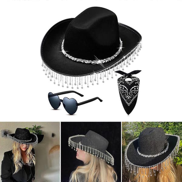 Halloween Cowboyhat til kvinder og mænd Western-hat Tørklæde Hjerteformede solbriller Polterabend Kostumetilbehør Sort Black