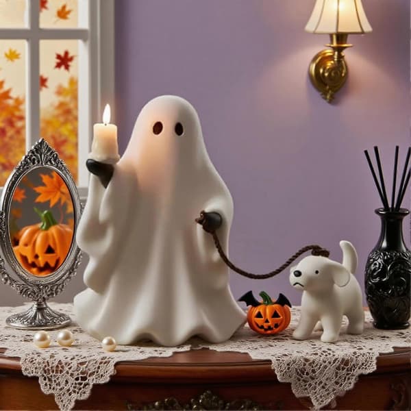 Hvit spøkelseshund lysestake-figur for Halloween-dekorasjon på hylle og skrivebord S