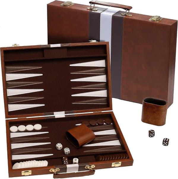 Backgammon brætspil, Deluxe læderlignende etui, filtinteriør, brun, klassisk