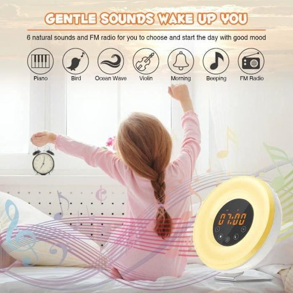 Sunrise Alarm Clock, Digital Light Alarm Clock med 6 naturliga ljud och