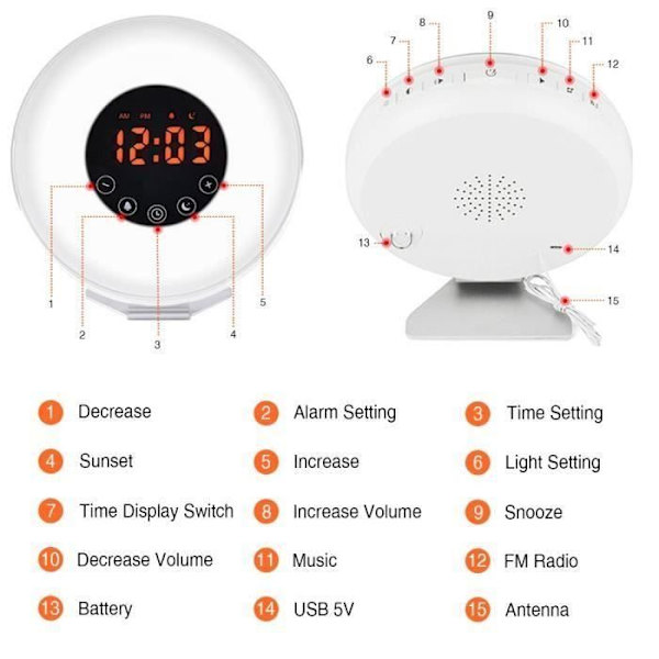 Sunrise Alarm Clock, Digital Light Alarm Clock med 6 naturliga ljud och