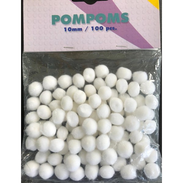 100 vit pyssel pom pom 10 mm