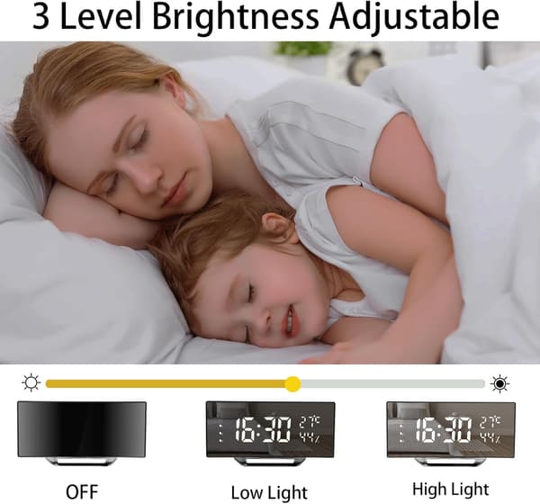 Väckarklocka LED med modern böjd design, 3 alarm, Snooze, Vit