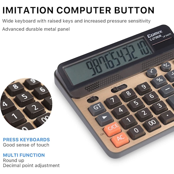 Kalkulator 12 cifre LCD-skærm Standardfunktion Skrivebordslommeregnere Med Store Computertaster Dobbelt drevet Solkontor Lommeregner Champaign Gold Farve