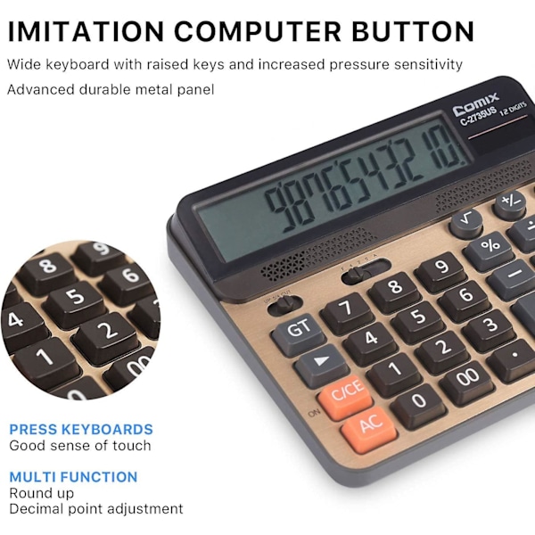 Laskin 12-numeroinen LCD-näyttö Vakiotoiminto Pöytälaskimet Suurilla tietokoneen näppäimillä Kaksivirtalähde Aurinkokäyttöinen Toimistolaskin Samppanjakullanvärinen
