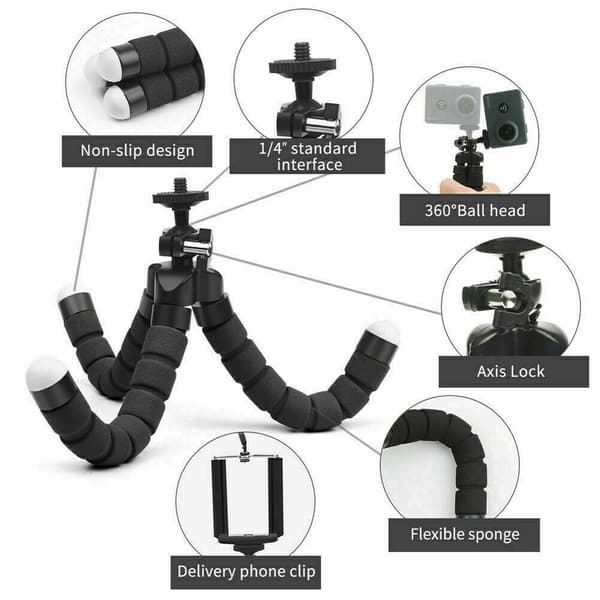 Universal Mobiltelefonholder Fleksibel Otte-bens Tripod til Selfies Sort