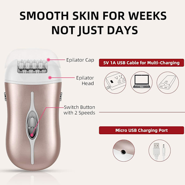 Epilator til kvinder - 2 i 1 hårfjerning Epilator elektrisk damebarbermaskine til bikini, ben, arm, underarm, hage, genopladelig bikinitrimmer kropshårrem