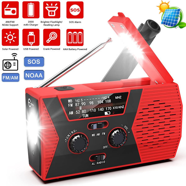 Hätäsääradio, Anpro 2000mAh aurinkokäsikammen sääradio LED-taskulamolla, SOS