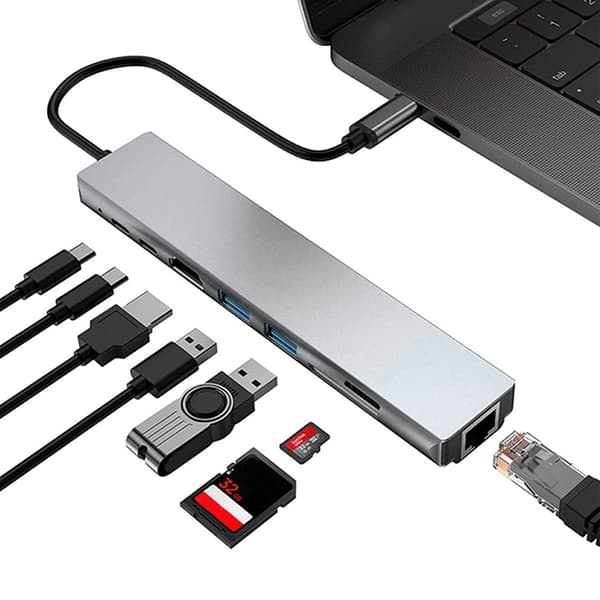 8-i-1 USB C-hubb, multiportadapter USB C till HDMI med Ethernet, SD/TF, 87 W PD, 2 USB 3.0