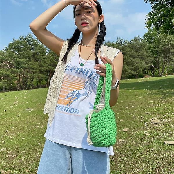 Stickade Damhandväskor Casual Rope Woven Axelväska Green