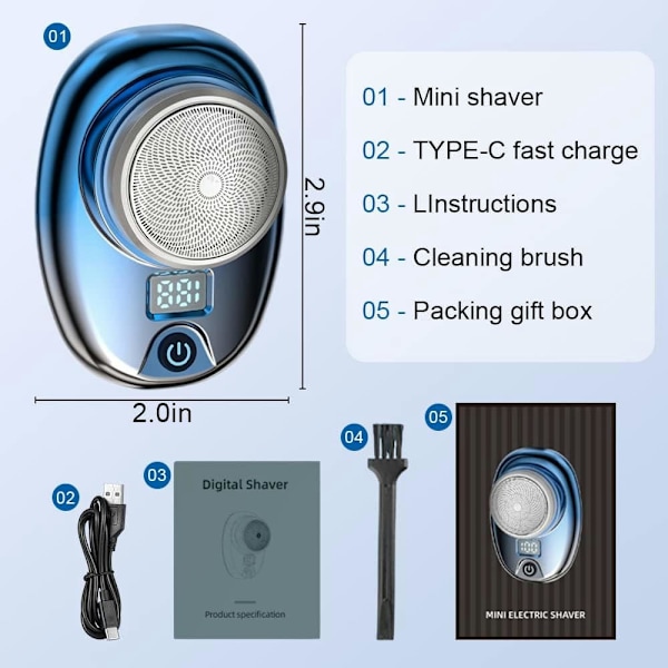 Mini-sähköparranajokoneet miehille ja naisille, sähköparranajokone miesten kasvoille, Type C ladattava, vedenpitävä LED-näytöllä kotiin Blue-silver Gradient