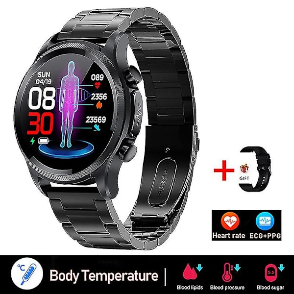 2022 Blodsocker Smart Watch Ecg+ppg Monitoring Blodtryck Kroppstemperatur Smartwatch Herr Ip68 Vattentät Fitness Tracker - Smart Watches Steel strip black