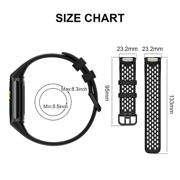 Silikonband kompatibel med Fitbit Charge 5-band för kvinnor och män, justerbart andningsbart mjukt silikon sport ersättningsarmband