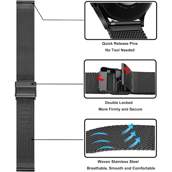 Rem Sæt til Galaxy Watch 6 Classic 43mm 47mm 7 6 5 40mm 44mm/5 Pro 45mm/4/4 Classic 42mm 46mm, 20mm 2 Pak Solidt Rustfrit Stål Urrem + 20mm