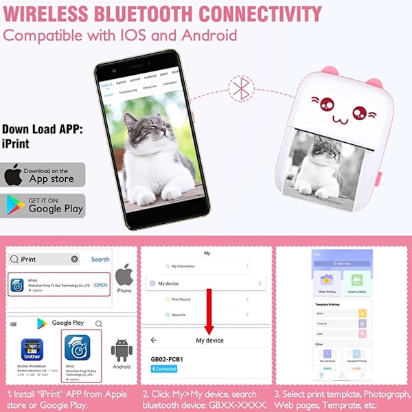 Mini Bärbar Skrivare, Trådlös Bluetooth Termisk Fickskrivare för iOS och Android Rosa