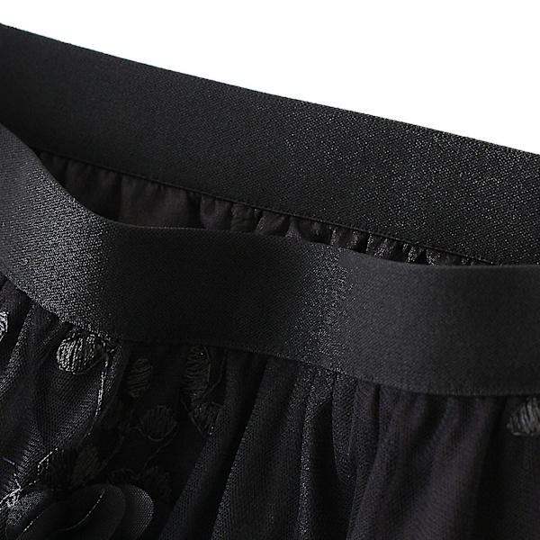 Lång Tutu-kjol i tyll för kvinnor 3d-blombroderi Enfärgad midi- mesh med hög midja Black