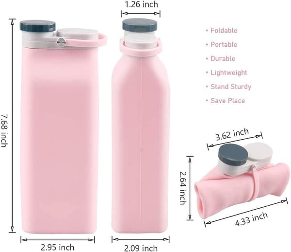 Sammenfoldelig silikone vandflaske til sport, stor kapacitet 600ml Pink