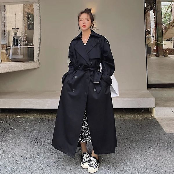 Trenchcoat för kvinnor Lös oversize lång jacka Dubbelknäppt bälte Dammantel Grå vindjacka Black M