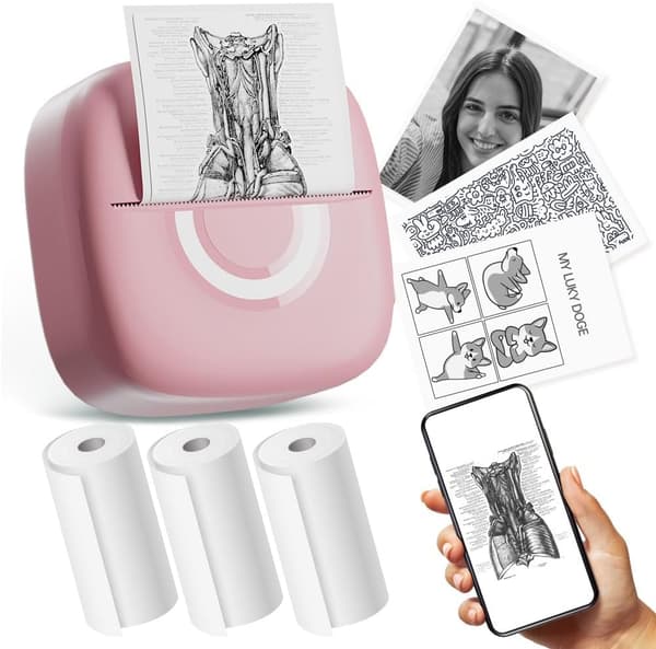 Bärbar Bluetooth Termisk Skrivare med 3 Rullar Utskriftspapper, Kompatibel med iOS och Android, rosa