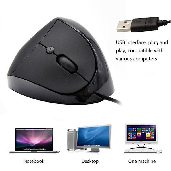 Trådbunden vertikal mus, liten ergonomisk mus med hög precision optisk möss med justerbar känslighet 800/1200 /1600 Dpi, 6 knappar, för små händer black