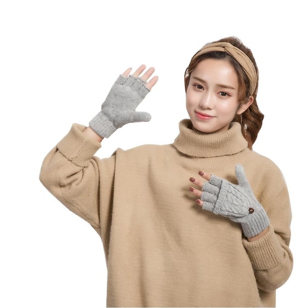 Kvinner Varme Hansker Høst Vinter Knitting Hemp Flower Flip Fingerless Mitten Gray