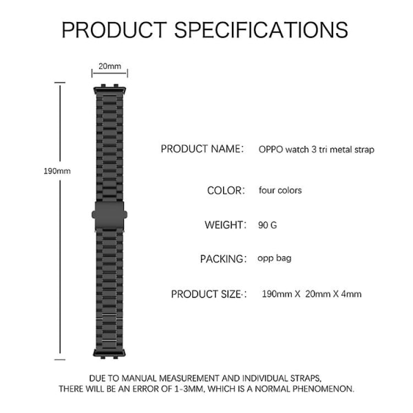 For Oppo Watch 3 3-perlet flat spenne i rustfritt stål klokkebånd Black