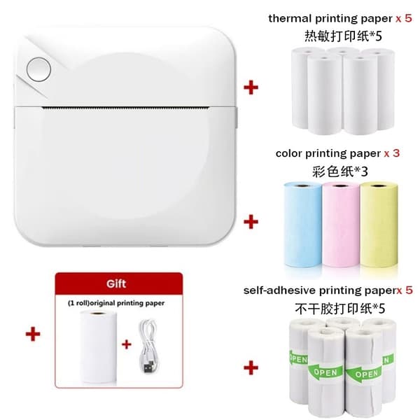 Mini Bluetooth Termisk Printer blækfri etiketprinter med 14 ruller trykpapir, hvid