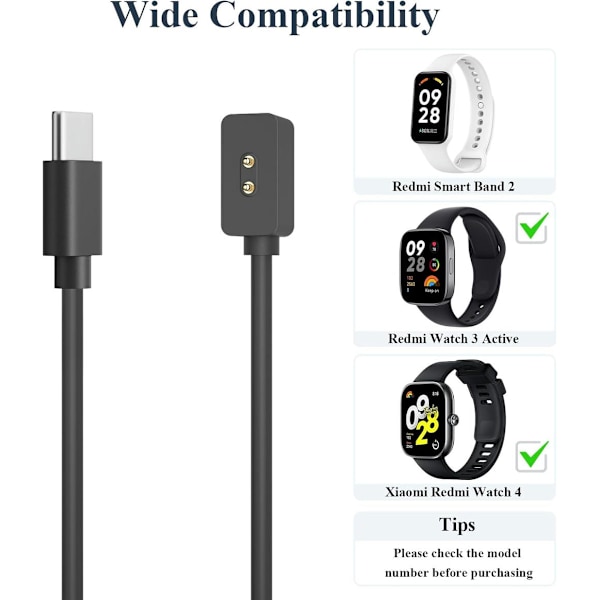 Lader for Redmi Watch 4 / Redmi Watch 3 Active / Redmi Smart Band 2 / Xiaomi Mi Band 8 Pro (100 cm)