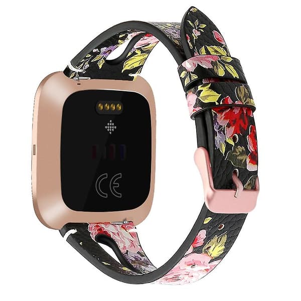 For Fitbit Versa 2 Leather Middle Opening Watch Band Black Pink Flower