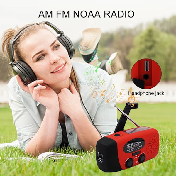 Nödhandvevradio med solpanel, LED-ficklampa med 2000mAh mobil strömförsörjning Röd