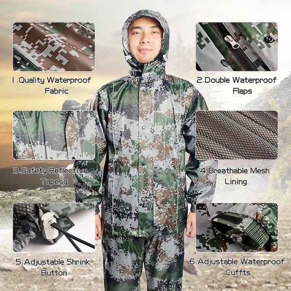 Kamouflage ogenomtränglig regnkappa Set Utomhus Camping Fiske Regnutrustning xxxl