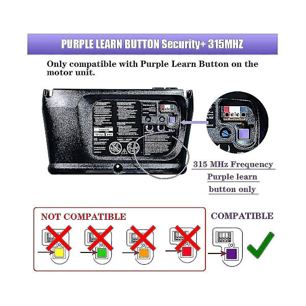 Yhteensopiva 371LM 373LM Purple Learn -painikkeen kanssa Autotallin ovenavaajan kaukosäädin 315MHz Security+ , 2 kpl