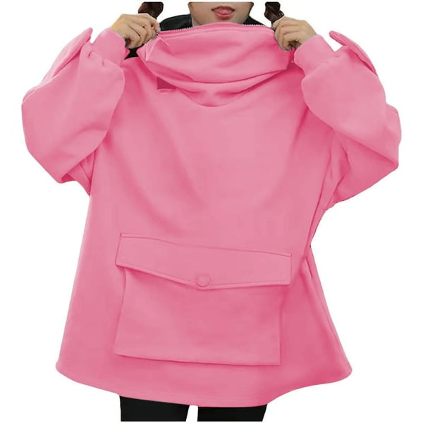 Trøje til kvinder og piger, sweatshirt med sød frø, hættetrøje med lynlås, afslappet løs tunika, sød cosplay-kostume toppe med lommer Pink S